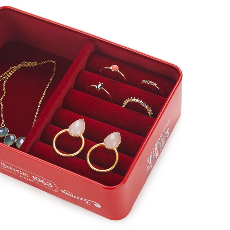 Portagioie portatile in latta a forma di scatola di ciliegie in stile vintage con interno vellutato rosso