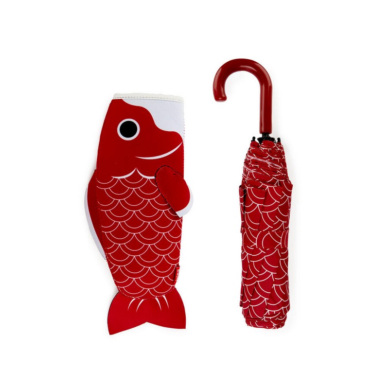 Ombrello pieghevole con decoro a squame in astuccio a forma di carpa koi rossa