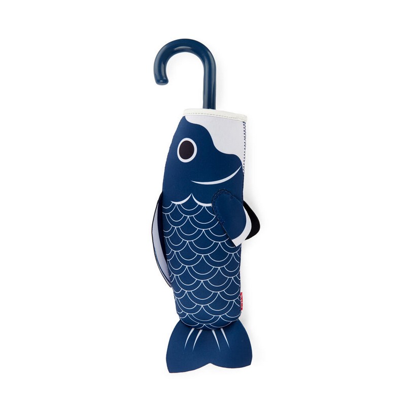 Ombrello pieghevole con decoro a squame in astuccio a forma di carpa koi blu