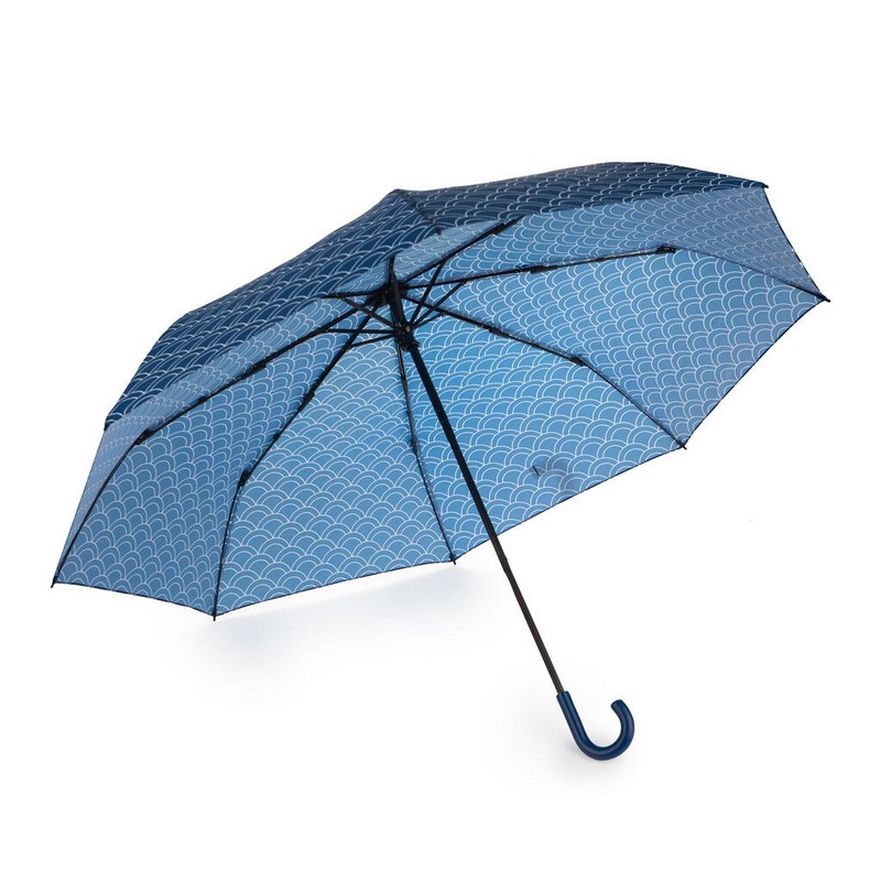 Ombrello pieghevole con decoro a squame in astuccio a forma di carpa koi blu