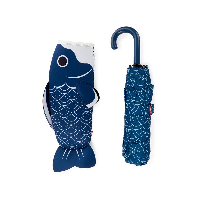 Ombrello pieghevole con decoro a squame in astuccio a forma di carpa koi blu