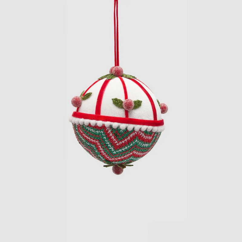 Pallina di Natale in decorata con agrifoglio maglia colorata, 2 varianti assortite, ideale per arricchire i tuoi addobbi per albero di Natale