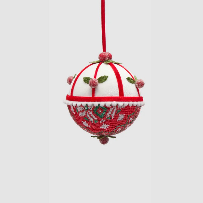 Pallina di Natale in decorata con agrifoglio maglia colorata, 2 varianti assortite, ideale per arricchire i tuoi addobbi per albero di Natale