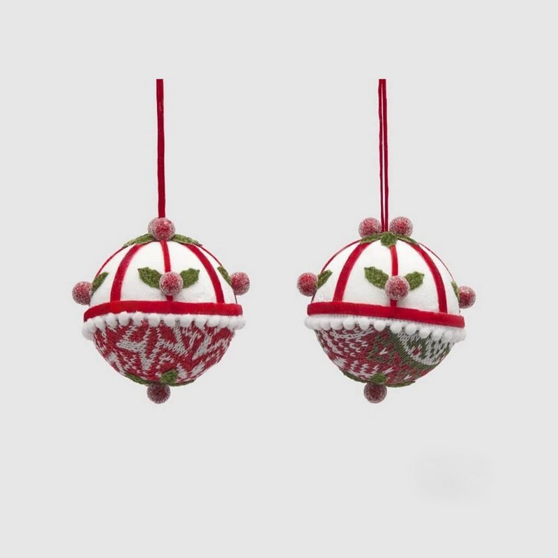 Pallina di Natale in decorata con agrifoglio maglia colorata, 2 varianti assortite, ideale per arricchire i tuoi addobbi per albero di Natale