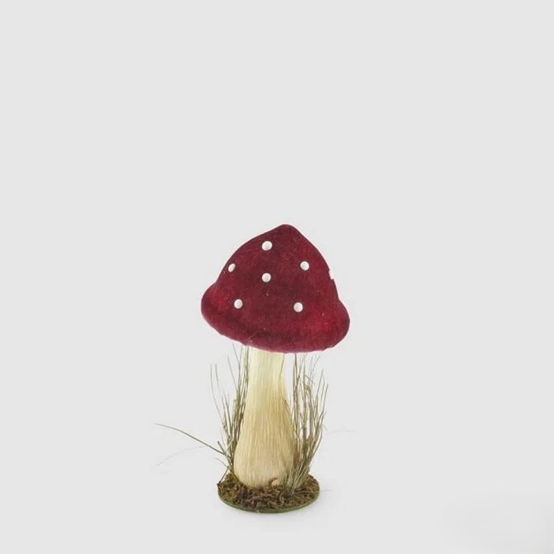 Fungo decorativo in velluto da appoggio su base con muschio ed erba, ideale per il tuo home decor autunnale