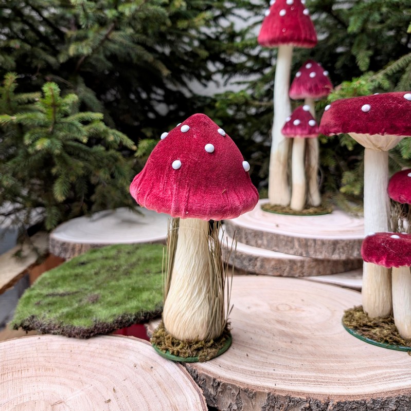 Fungo decorativo in velluto da appoggio su base con muschio ed erba, ideale per il tuo home decor autunnale