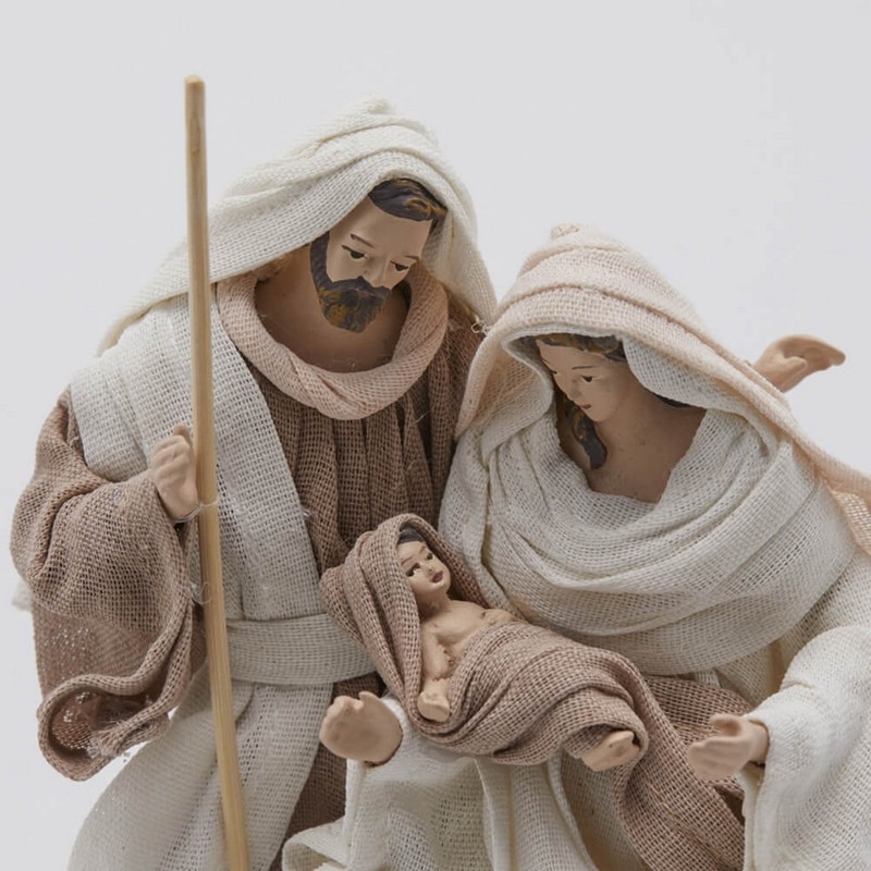 Natività con Maria, Giuseppe e Gesù bambino da appoggio con vesti dettagliate in tessuto
