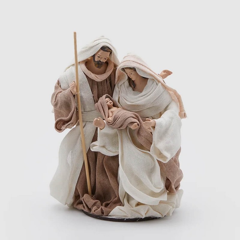 Natività con Maria, Giuseppe e Gesù bambino da appoggio con vesti dettagliate in tessuto
