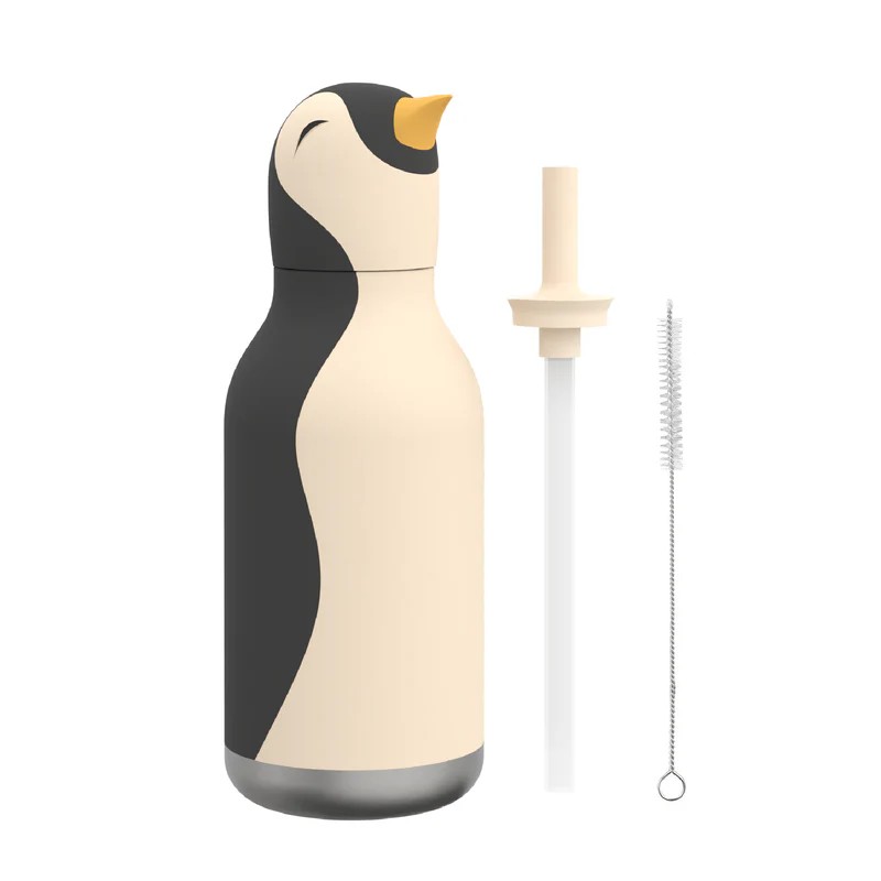 Borraccia termica in acciaio con cannuccia in silicone e scovolino incluso a forma di pinguino