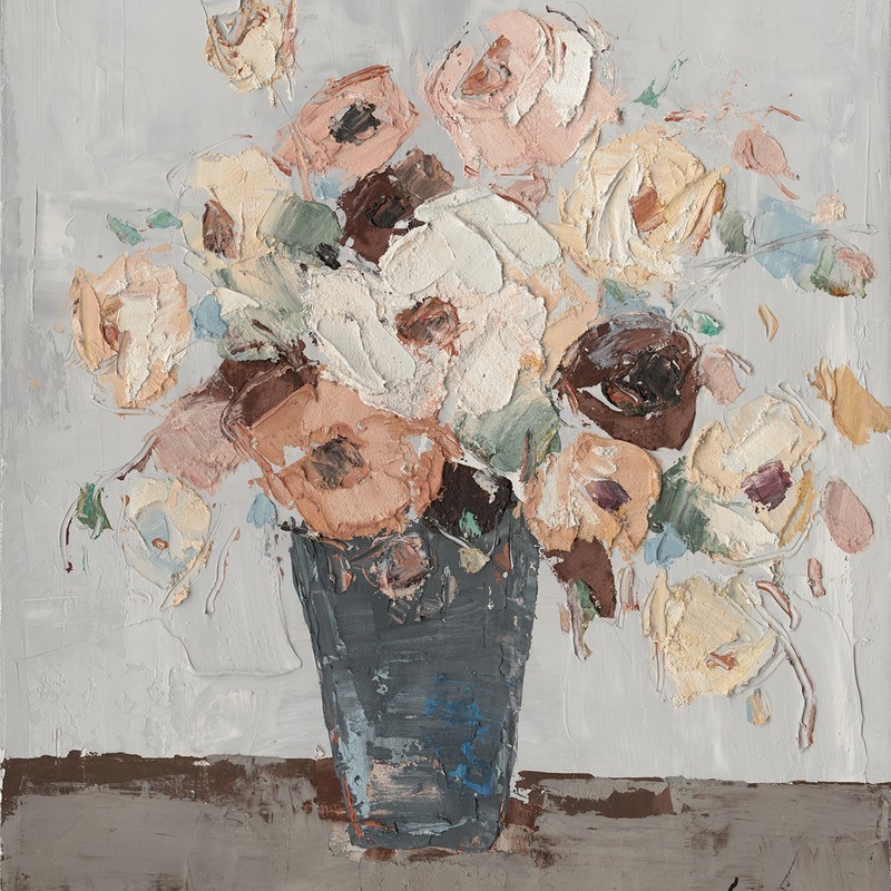 Quadro olio su tela di legno fatto a mano con pennellate in rilievo raffigurante vaso con fiori colorati