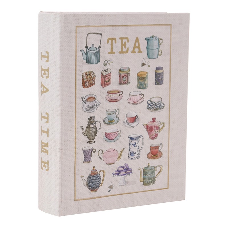 Scatola libro con scomparti per contenere bustine di tè e infusi decorata con scritta “Tea time” e disegni di tazze di tè