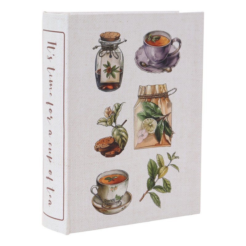 Scatola libro con scomparti per contenere bustine di tè e infusi decorata con scritta “It's time for a cup of tea” e disegni di infusi