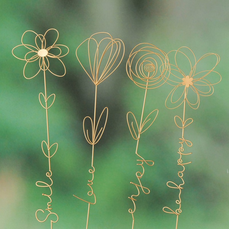 Pick fiori in metallo dorato con scritte per piante, 4 varianti assortite: Smile, Love, Enjoy, Be happy
