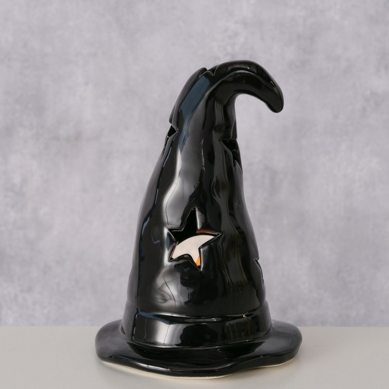 Portacandele di Halloween a forma di cappello di strega nero in ceramica