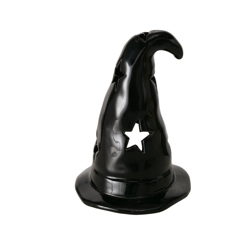 Portacandele di Halloween a forma di cappello di strega nero in ceramica