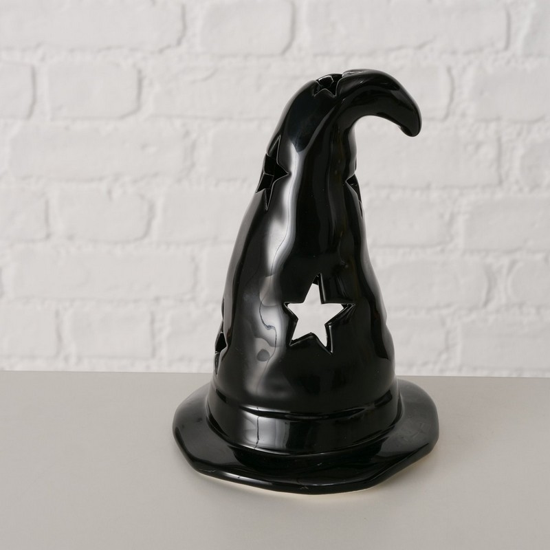 Portacandele di Halloween a forma di cappello di strega nero in ceramica