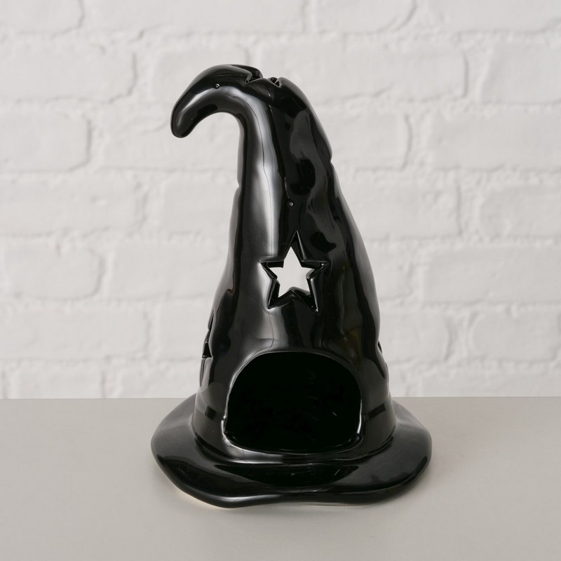 Portacandele di Halloween a forma di cappello di strega nero in ceramica