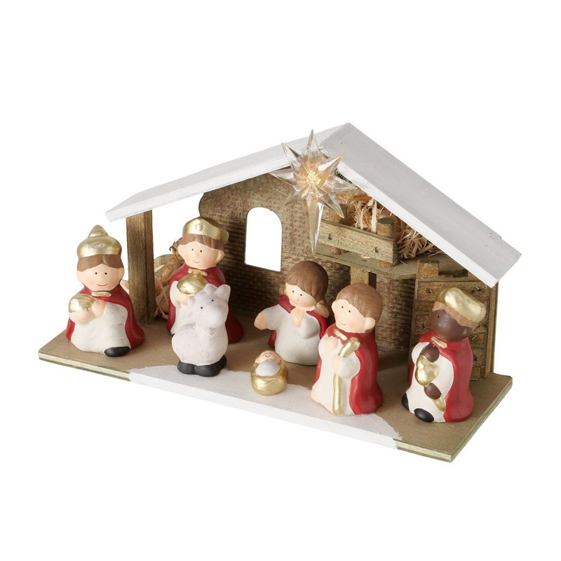 Presepe dipinto a mano in terracotta con luce LED