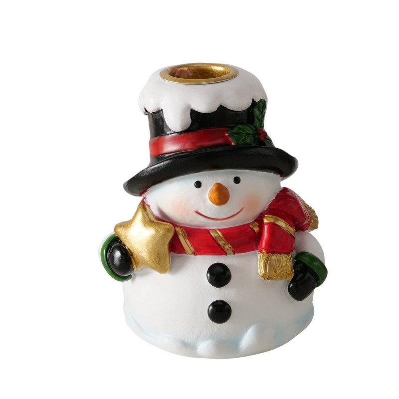 Portacandele di Natale per candele a stelo a forma di pupazzo di neve in poliresina