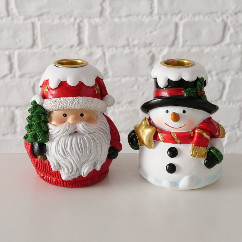 Portacandele di Natale per candele a stelo a forma di pupazzo di neve in poliresina