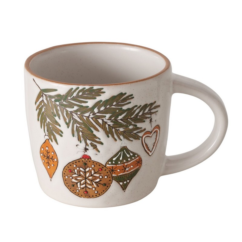 Tazza mug in gres decorata con palline di Natale su ramo di pino, dipinta a mano, una perfetta idea regalo di Natale