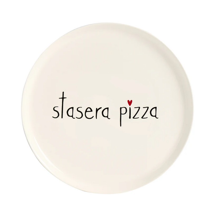 Piatto per pizza bianco rotondo in gres decorato con scritta “Stasera pizza”, diametro 31.5 cm