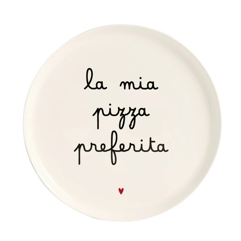 Piatto per pizza bianco rotondo in gres decorato con scritta “La mia pizza preferita”, diametro 31.5 cm