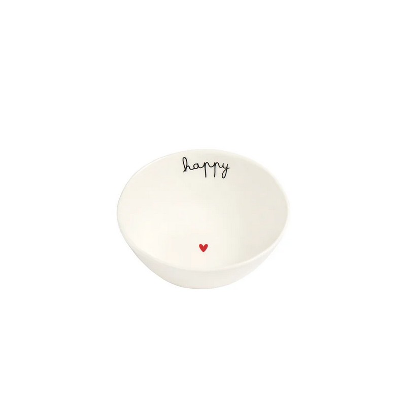 Set 2 coppette in gres bianco decorate con scritta “Happy