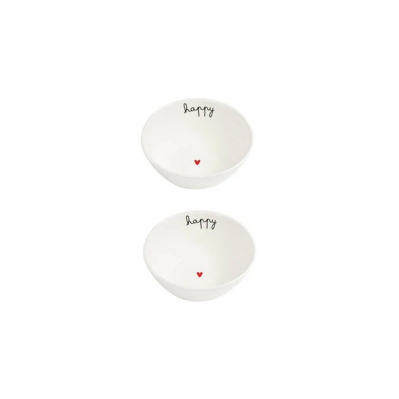 Set 2 coppette in gres bianco decorate con scritta “Happy