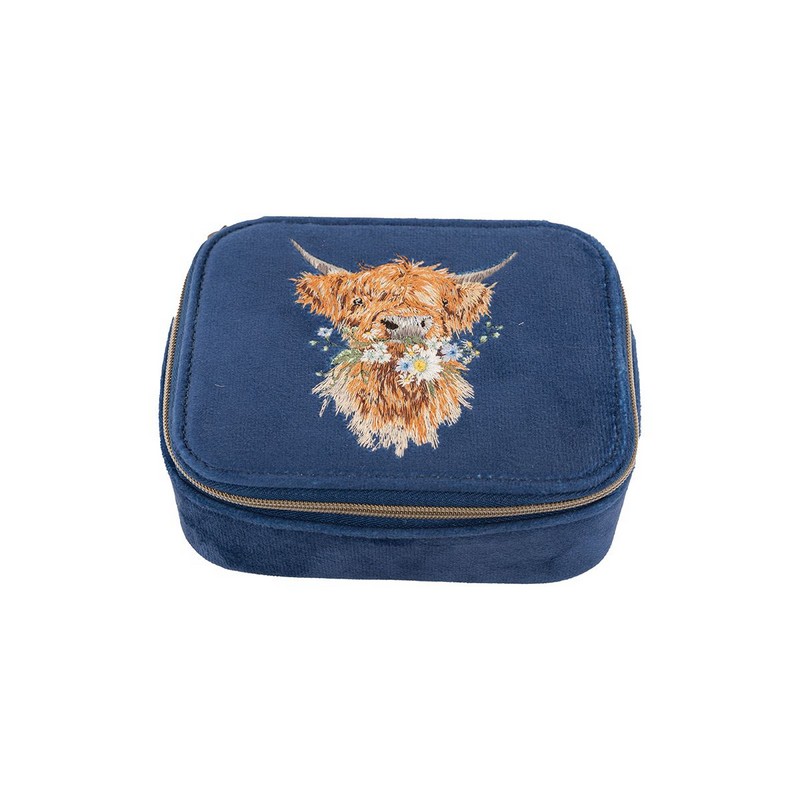 Portagioie portatile in velluto blu decorato con mucca Highlander ricamata