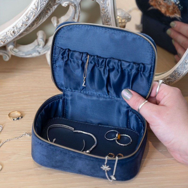 Portagioie portatile in velluto blu decorato con mucca Highlander ricamata