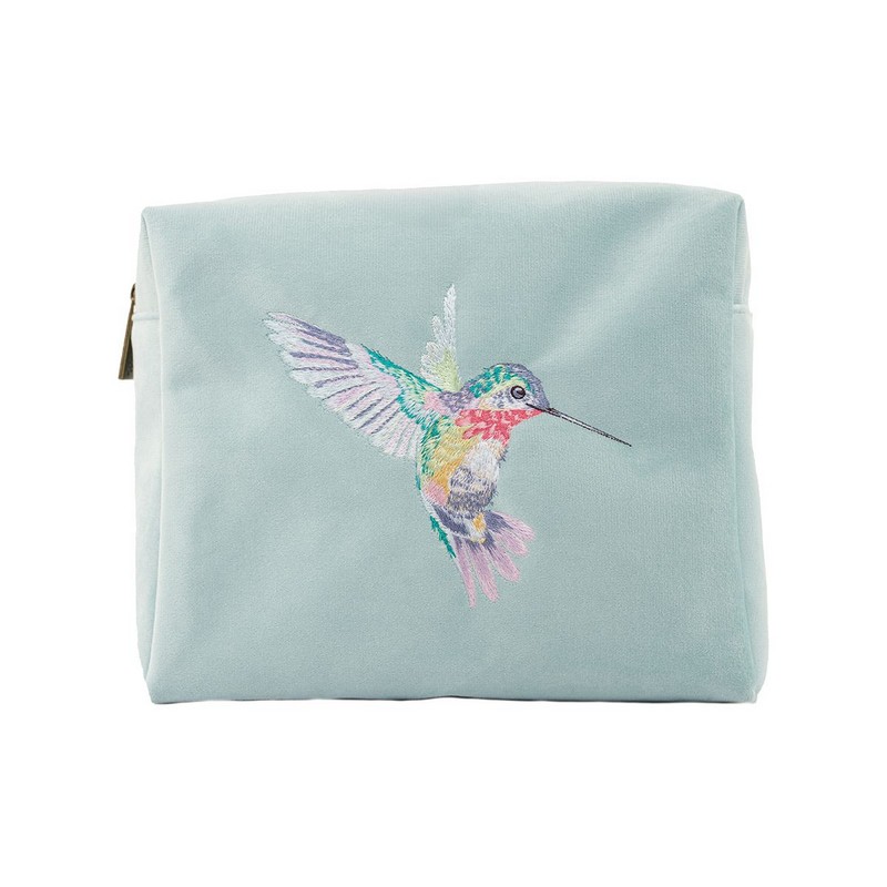 Trousse portaoggetti in velluto azzurro con colibrì ricamato e chiusura zip