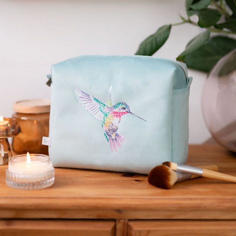 Trousse portaoggetti in velluto azzurro con colibrì ricamato e chiusura zip