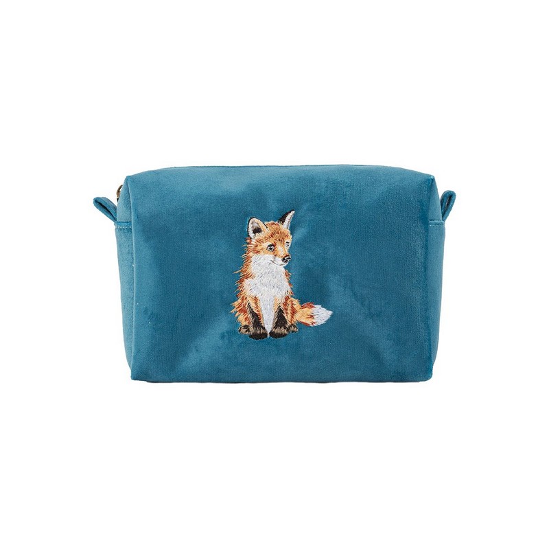 Trousse portaoggetti in velluto blu petrolio con volpe ricamata e chiusura zip
