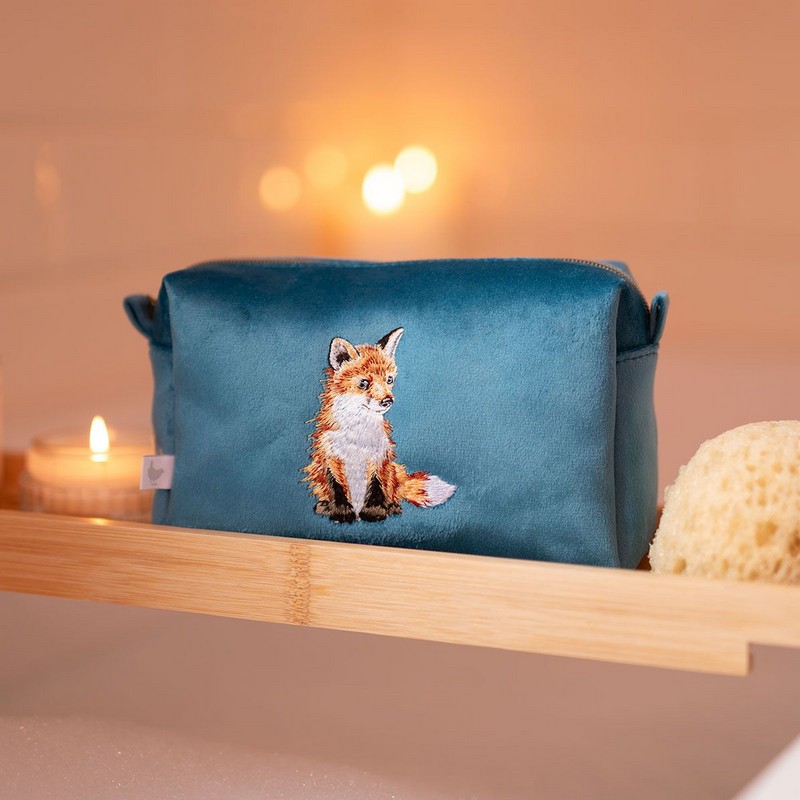 Trousse portaoggetti in velluto blu petrolio con volpe ricamata e chiusura zip