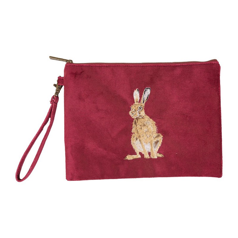 Trousse portaoggetti in velluto bordeaux con lepre ricamata e chiusura zip