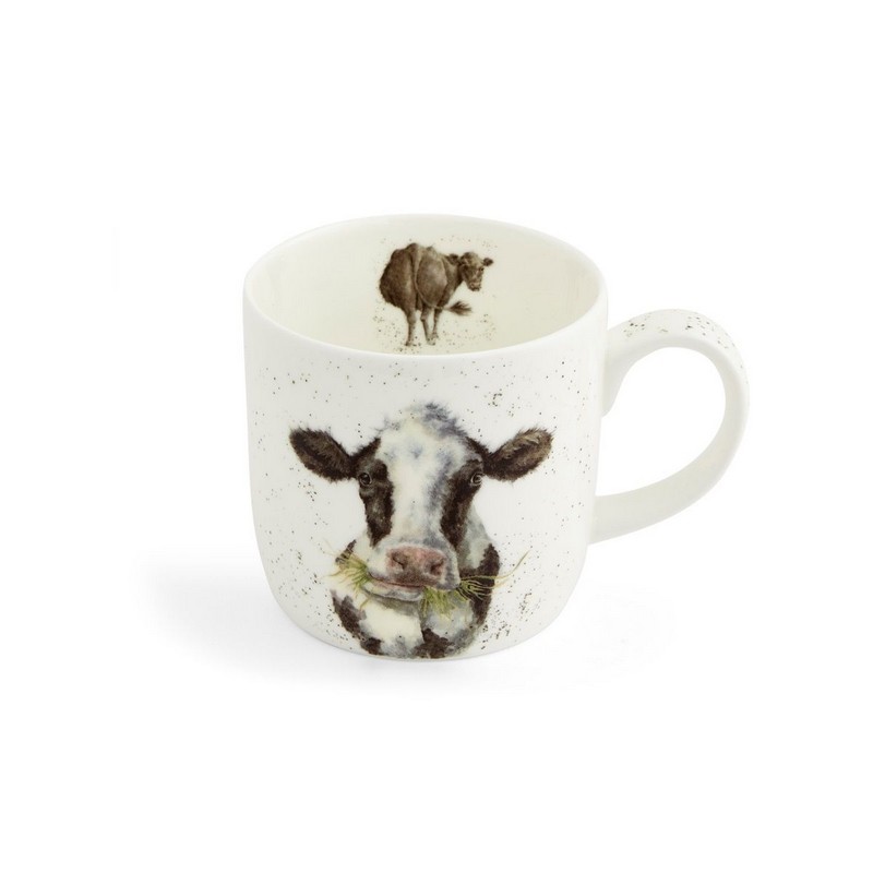 Tazza mug in fine bone china decorata con disegni di mucche (fronte, retro e dettagli interni)