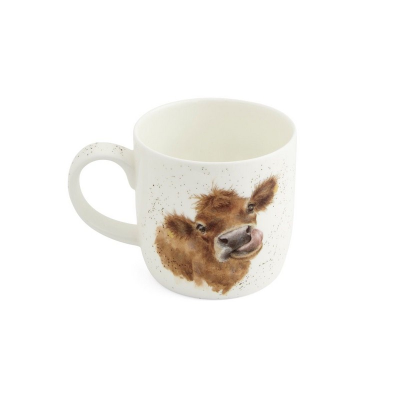 Tazza mug in fine bone china decorata con disegni di mucche (fronte, retro e dettagli interni)