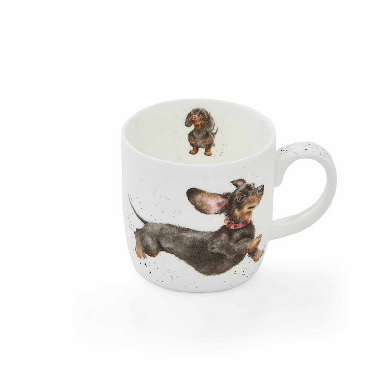 Tazza mug in fine bone china decorata con disegni di bassotti (fronte, retro e dettagli interni)