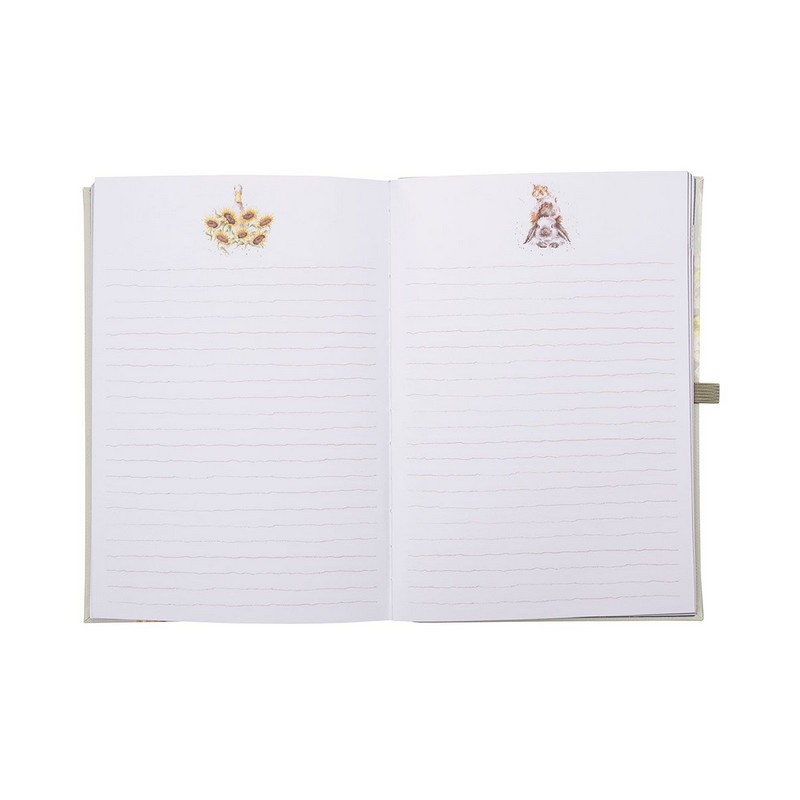 Quaderno dimensione A5 decorato con disegno di volpe, provvisto di elastico segnapagina, bordi oro sulle pagine e disegni ad ogni pagina