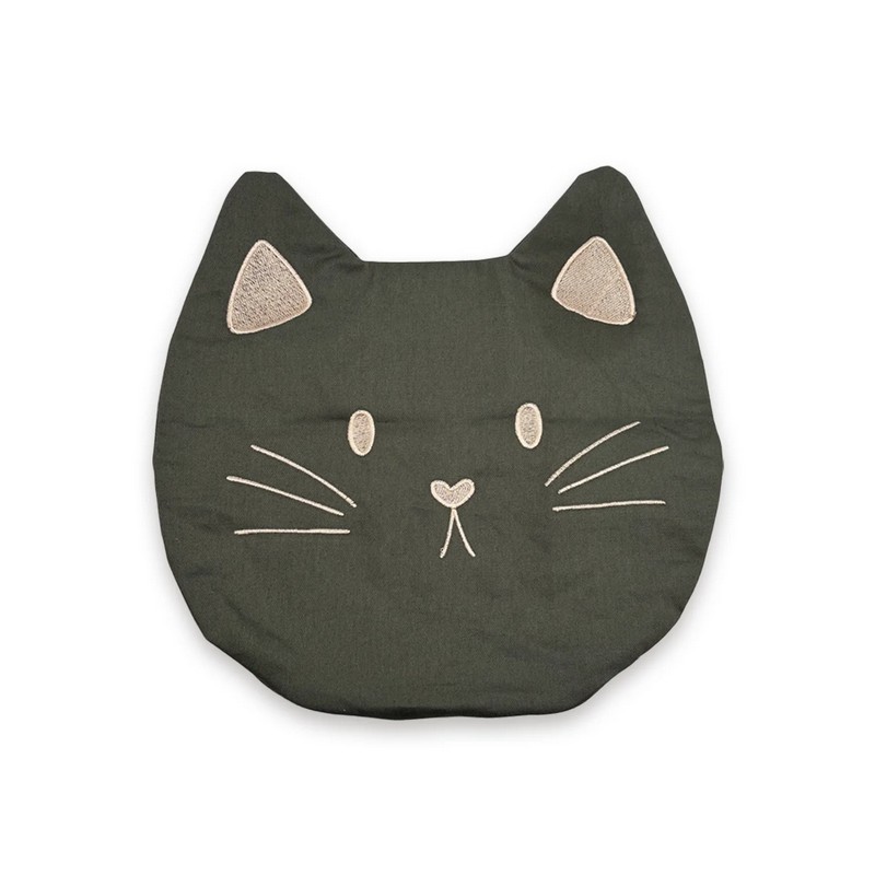 Cuscino del sollievo a forma di muso di gatto grigio con noccioli di ciliegio che mantengono il calore, con la possibilità di essere riscaldati o raffreddati