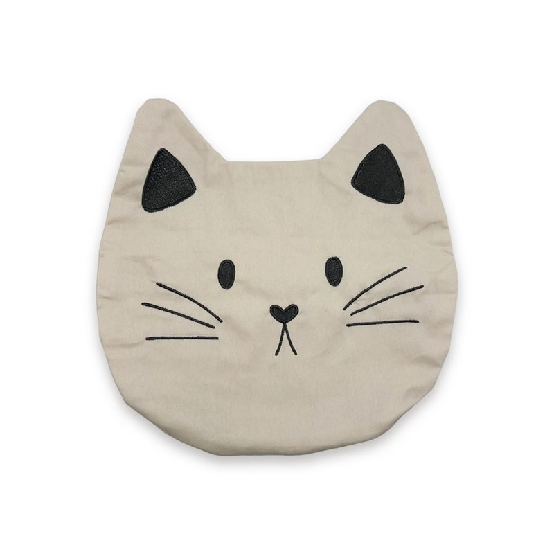 Cuscino del sollievo a forma di muso di gatto beige con noccioli di ciliegio che mantengono il calore, con la possibilità di essere riscaldati o raffreddati