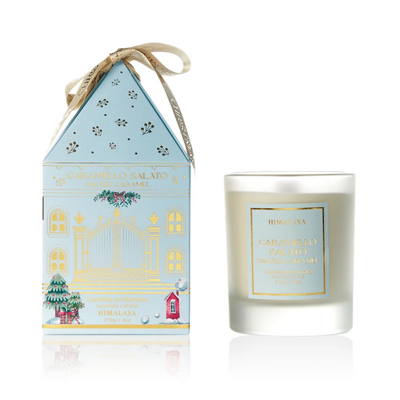 Candela in scatola regalo con stoppino in legno e profumazioni assortite (caramello salato, mela e brandy, torta di noci e legno speziato)
