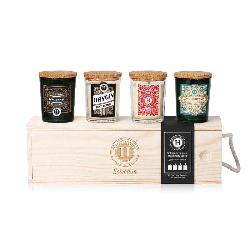 Set 4 candele in cera di soia naturale profumate al gin contenute in cofanetto di legno