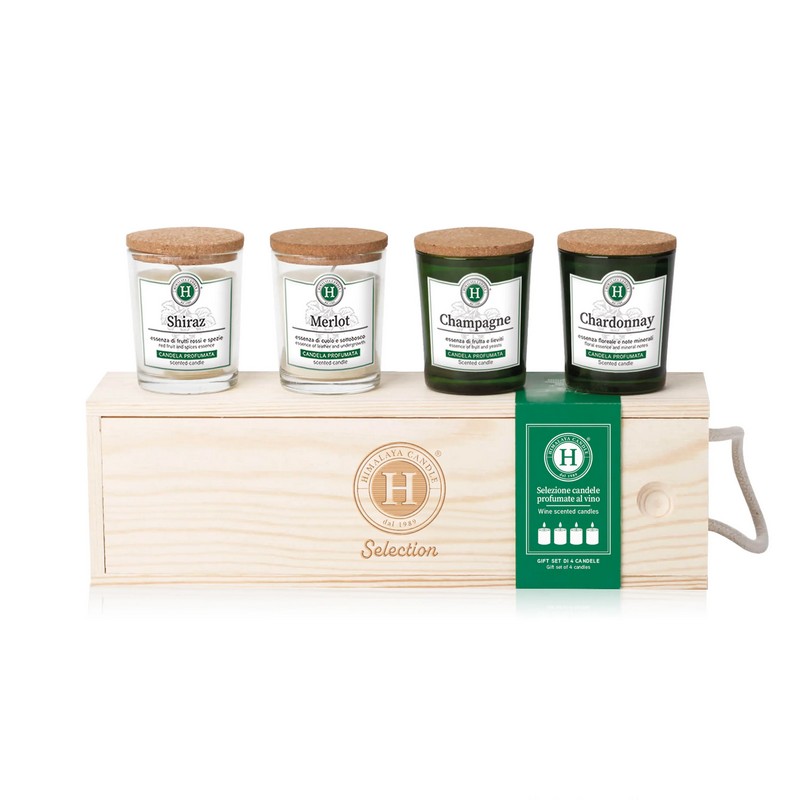 Set 4 candele in cera di soia naturale profumate al vino contenute in cofanetto di legno