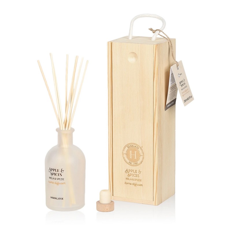 Diffusore di fragranza con bastoncini e 250 ml di profumo Mela e spezie in barattolo opaco, il tutto contenuto in un cofanetto di legno