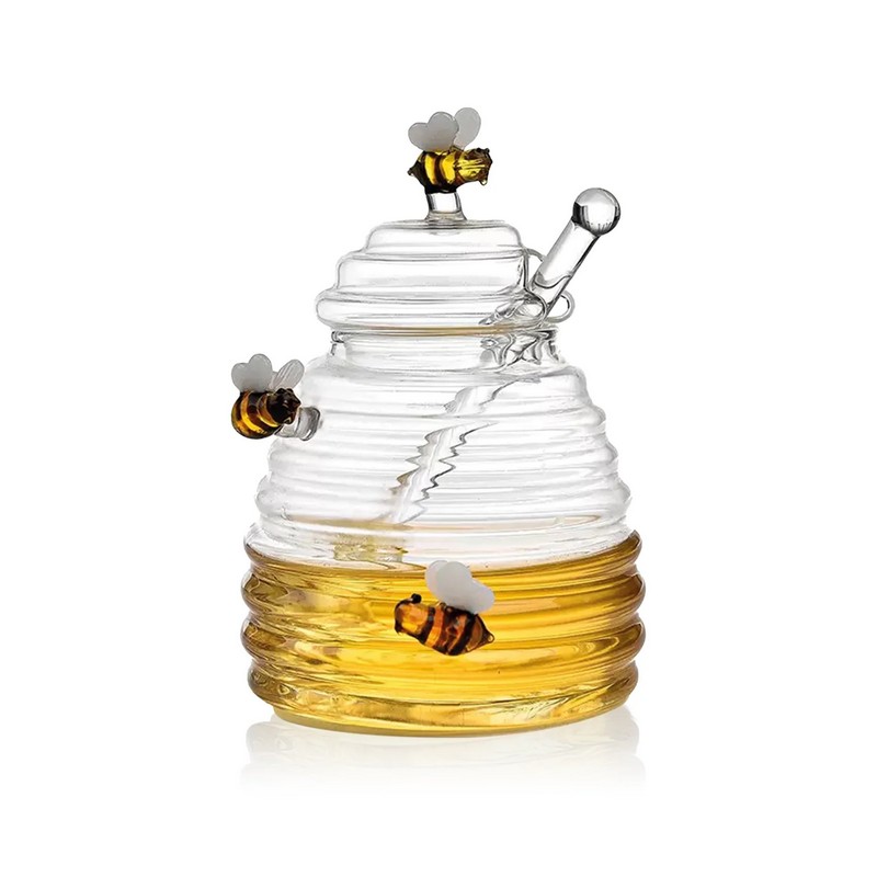 Barattolo in vetro per miele a forma di alveare decorato con api, include prendimiele