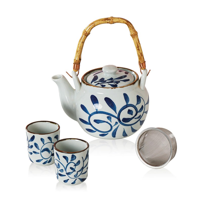 Set teiera in ceramica dipinta a mano decorata con petali e 2 tazze con motivo abbinato, in stile cerimonia del tè giapponese