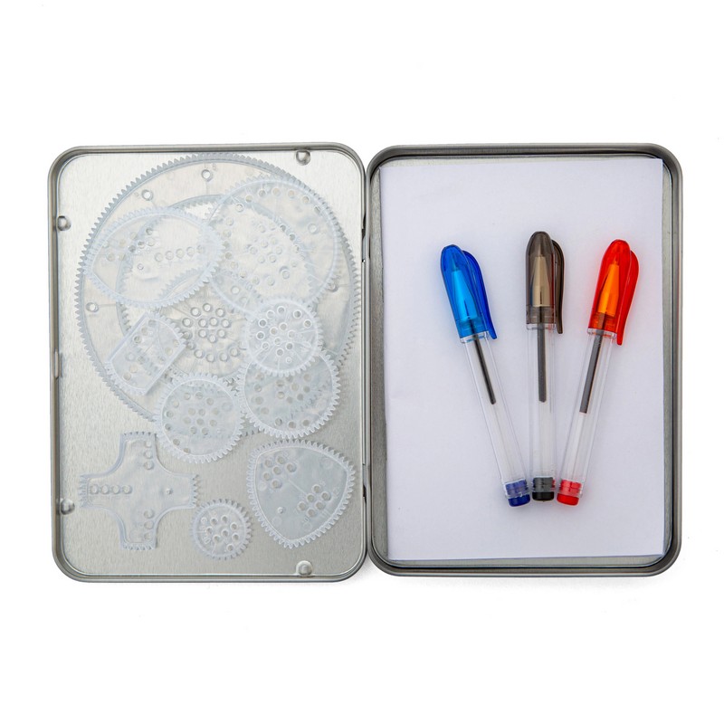 Set 11 spirali per disegnare forme geometriche con 3 penne e libricino da 40 fogli inclusi in cofanetto di metallo