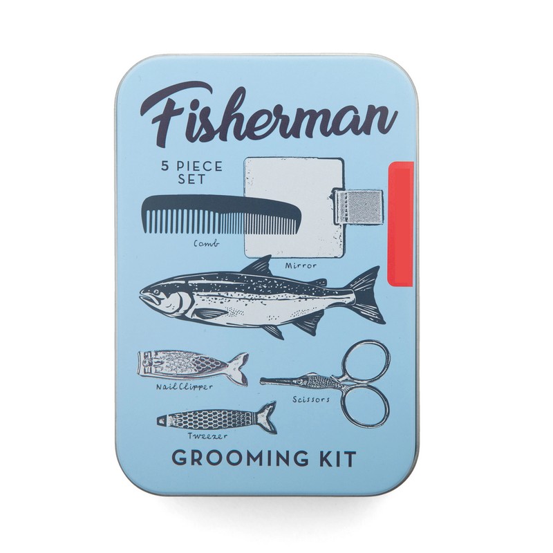 Set per manicure e cura personale con specchio, pettine, forbici, tagliaunghie e pinzette a tema pesce contenuti in un cofanetto di latta